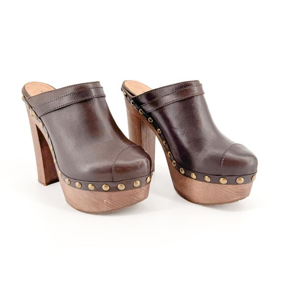 Chanel Studded Clog Mule EU 39 US 8-8.5 Brown Leather Block Heel Chunky Platform - Picture 1 of 14